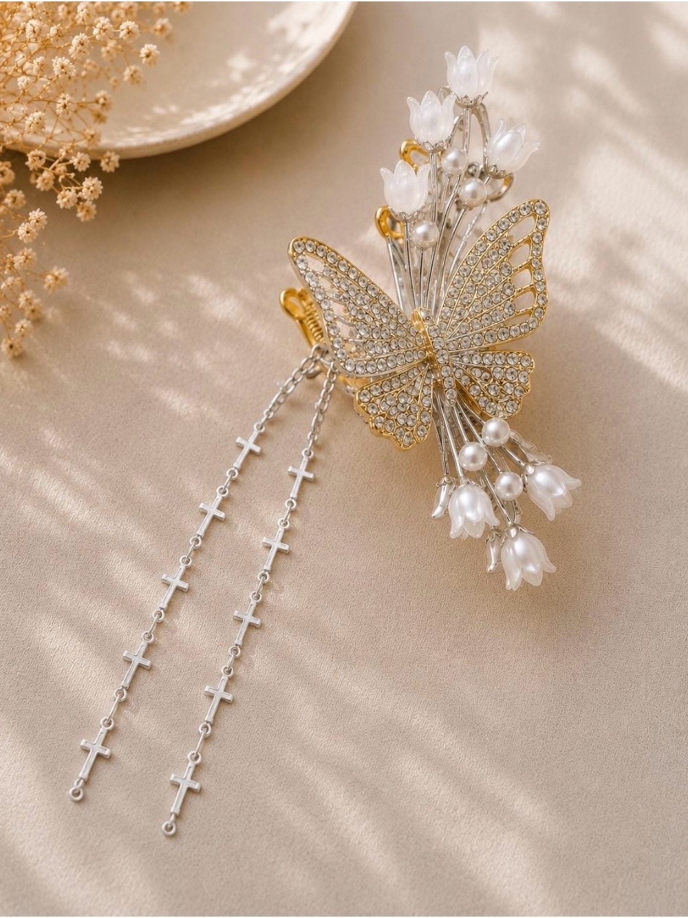 Crystal Butterfly Floral Hair Clip - Gold and White